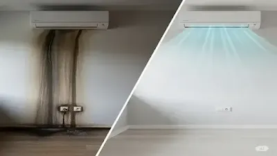 صورة تبين. على اليسار: بقع ماء داكنة أسفل وحدة مكيف سبلت تنقط ماء، على اليمين: نفس الجدار ووحدة المكيف تبدو جديدة